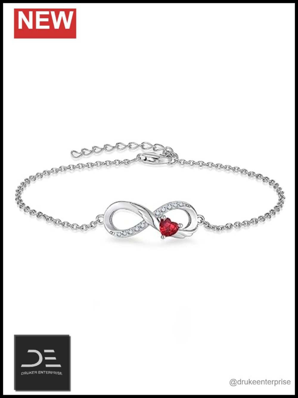Sterling Silver Infinity Heart Bracelet Rhodium Plated Adjustable